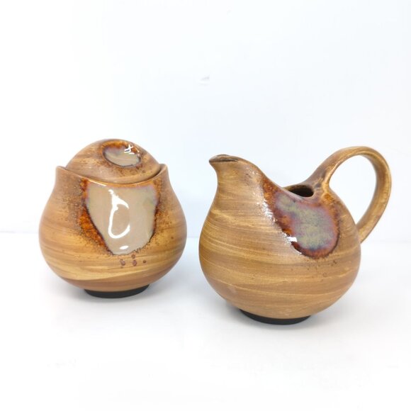 Sango Splash Creamer and Sugar bowl with lid Brown drip glaze Stoneware - Picture 1 of 16